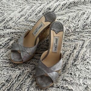 Jimmy Choo criss cross silver metallic wedges, sandals, size 38